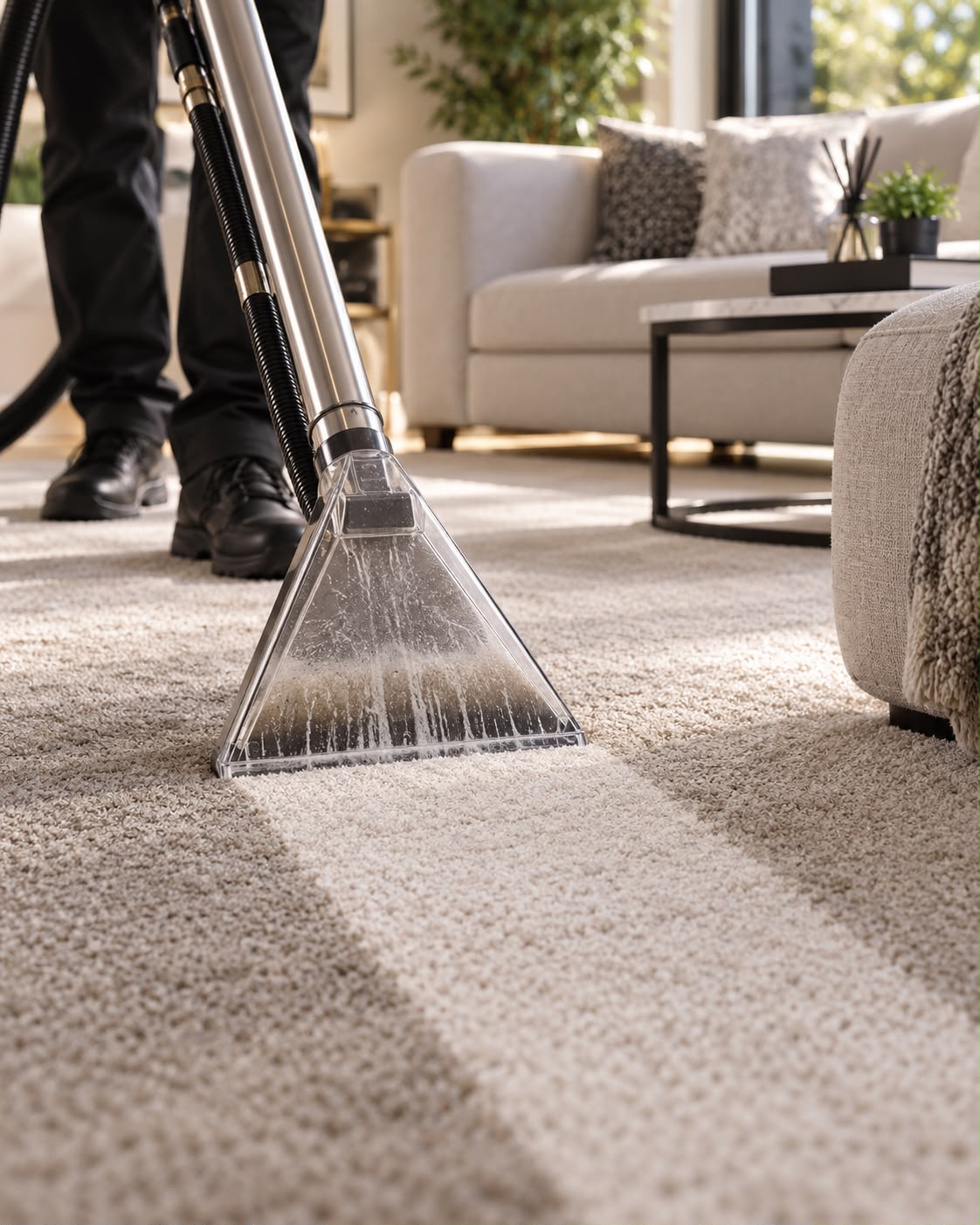 Carpet extraction wand making a cleaning pass in a living room