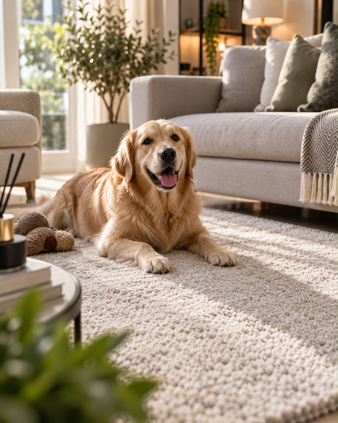 Golden retriever resting on a rug beside a sofa