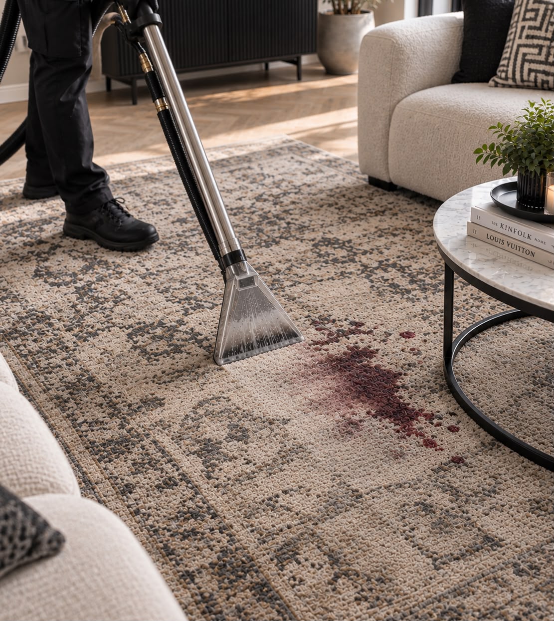 Extraction wand cleaning a patterned rug beside an armchair