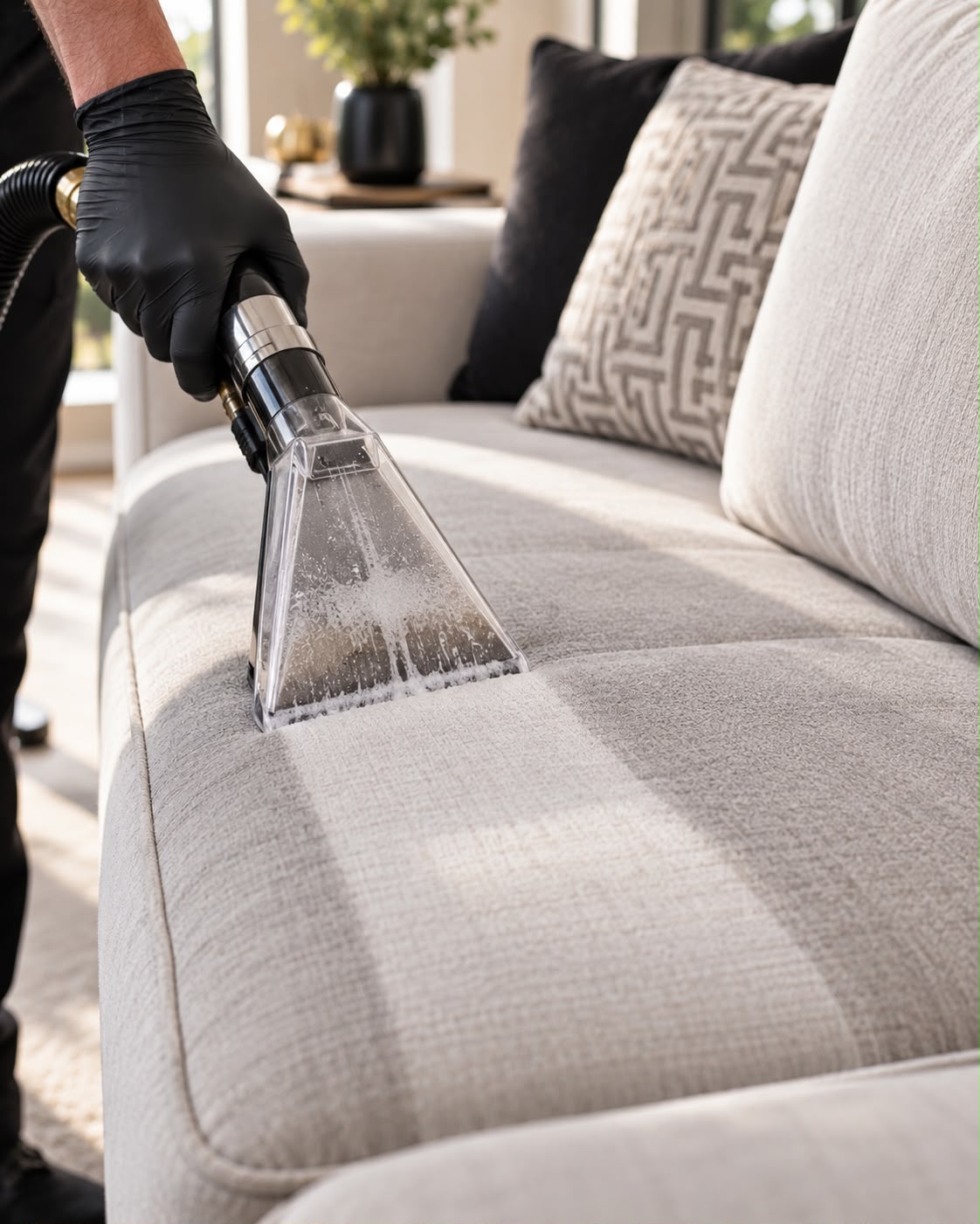 Upholstery extraction tool cleaning a light fabric sofa
