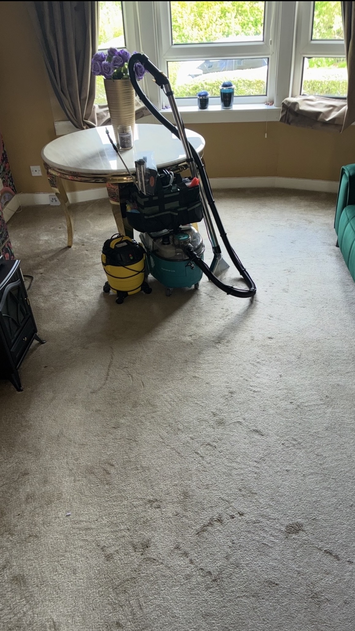 Before cleaning: marks on the cream living-room carpet